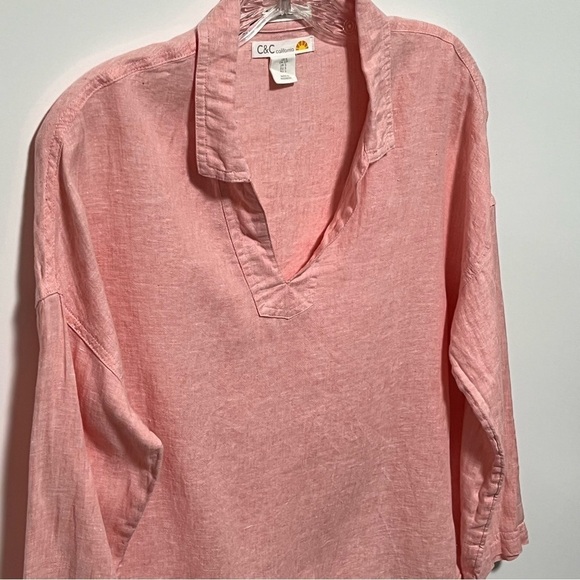 C&C California Pink relaxed fit Linen Collared Pullover all season Blouse top - Picture 7 of 7